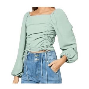 Firestar Puff Sleeve Blouse Green Square Neck Ruched Front Smocked Back S
